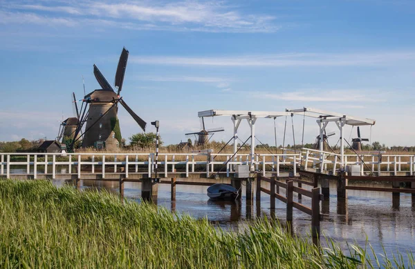 Traditional Dutch Windmills Wooden Drawbridge Reflected Water Surface Canal Outdoor — Stock Photo, Image