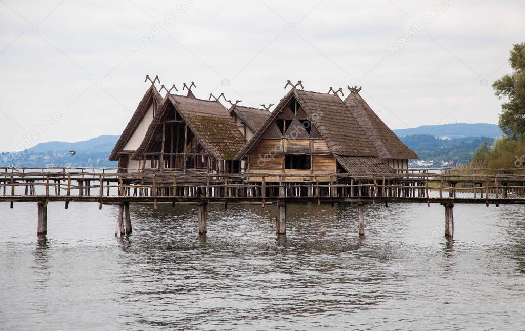 Pfahlbaumuseum Unteruhldingen. Stilt houses and wooden bridges in archaeological open-air museum on Lake Constance Bodensee in Unteruhldingen, Germany