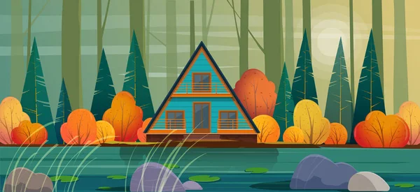 Casa Madera Marco Bosque Otoño Paisaje Otoñal Con Una Pequeña — Vector de stock