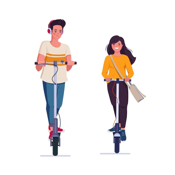 Young Man Woman Electric Push Scooters Couple Modern Personal Transport — Stok Vektör