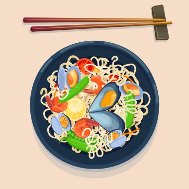 Top view of a plate of noodles with seafood - shrimps and mussels. Asian food. Vector illustration  