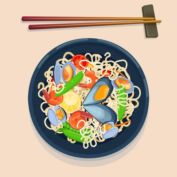 Top View Plate Noodles Seafood Shrimps Mussels Asian Food Vector — Vetor de Stock