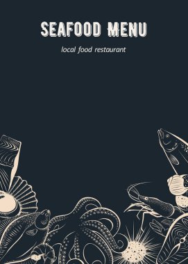 Kara tahta üzerinde deniz ürünleri restoranı, kafe ve balık pazarı için menü şablonu. El çizimi vektör illüstrasyonu