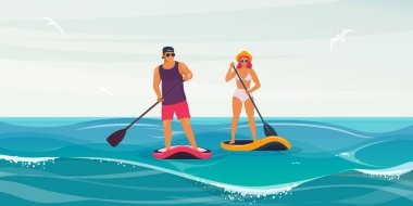 Kadın ve erkek suda kürek çeken bir tahtanın üzerinde dururlar. Genç çift su sporu yapıyor. Vektör illüstrasyonu