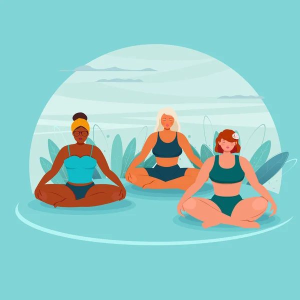 Троє Молодих Жінок Сидять Позиції Лотоса Медитують Концепція Здорового Способу — стоковий вектор