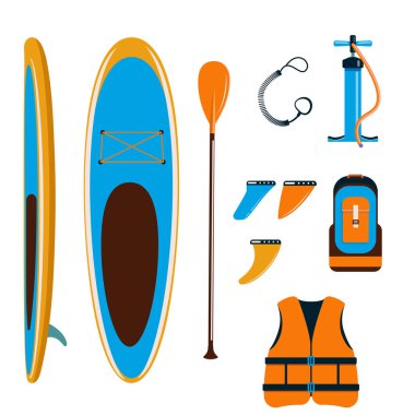 Stand-up Paddleboard aksesuarları. SUP için temel ayarlar. Şişme tahta, kürek, can yeleği, yüzgeç vs. Düz biçimli vektör illüstrasyonu