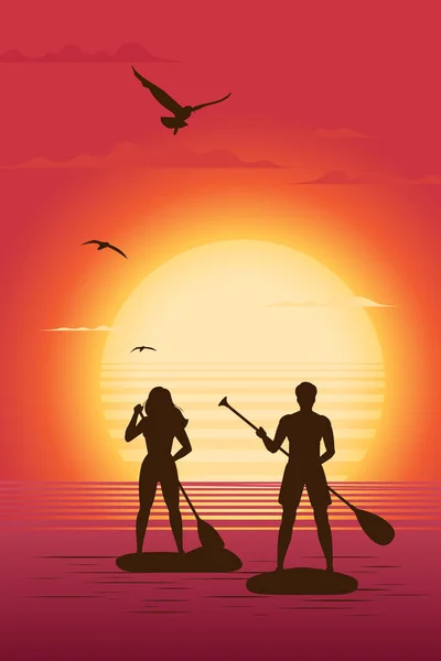 Silhouettes Man Woman Standing Paddle Board Paddle Backdrop Setting Sun — Stock Vector