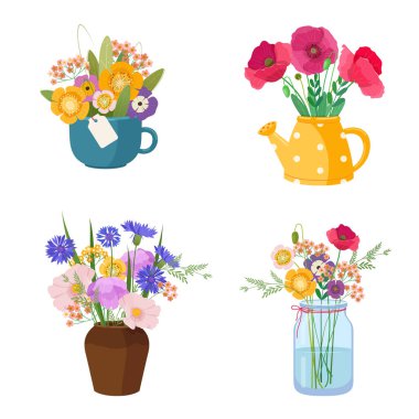 Farklı kaplarda dört güzel kır çiçeği buketi. Yaban çiçekleri vazo, kupa, sulama kutusu ve kavanozda durur. Vektör illüstrasyonu 