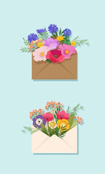 Envelopes Spring Wildflowers Red Poppies Daisies Cornflowers Buttercups Other Flowers — Stock Vector
