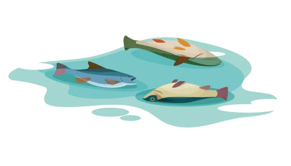 Три Мертві Риби Плавають Поверхні Отруєної Води Концепція Забруднення Довкілля — стоковий вектор
