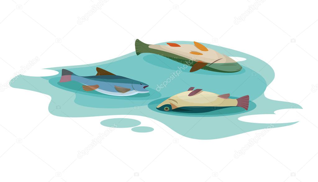 Three dead fish floating on surface of the poisoned water. Concept of environmental pollution. Vector flat illustration