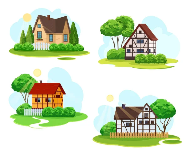 Four summer rural landscapes with rustic architecture. Vector illustration