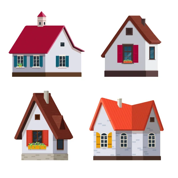 Set Cozy Cottages Flat Style Vector Illustration Flat Style — Διανυσματικό Αρχείο