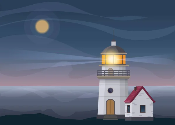 Wieża Latarni Morskiej Mały Domek Nocy Ilustracja Wektora Stylu Płaskim — Wektor stockowy