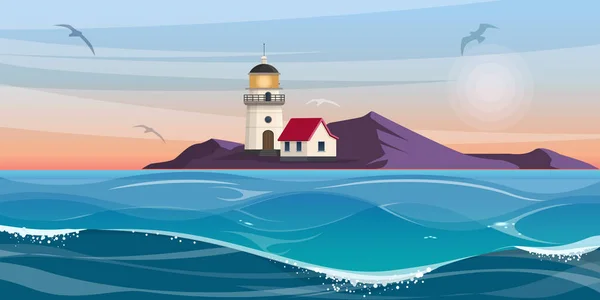 Lighthouse Tower Small House Rocky Coast Vector Illustration — Archivo Imágenes Vectoriales