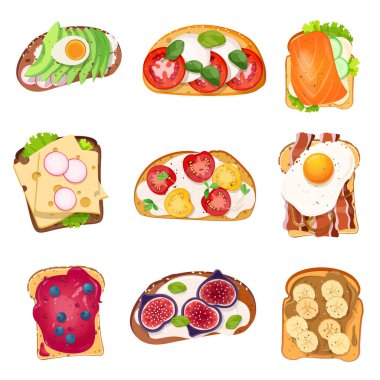 Kahvaltıda, öğle yemeğinde ya da atıştırmada çeşitli malzemelerle tuzlu ve tatlı tost. Vektör illüstrasyonu   
