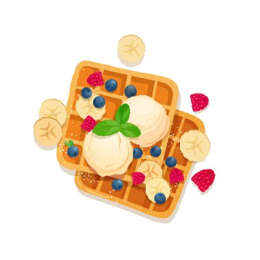 Vanilyalı waffle, muz dilimleri, ahududu ve yabanmersinli