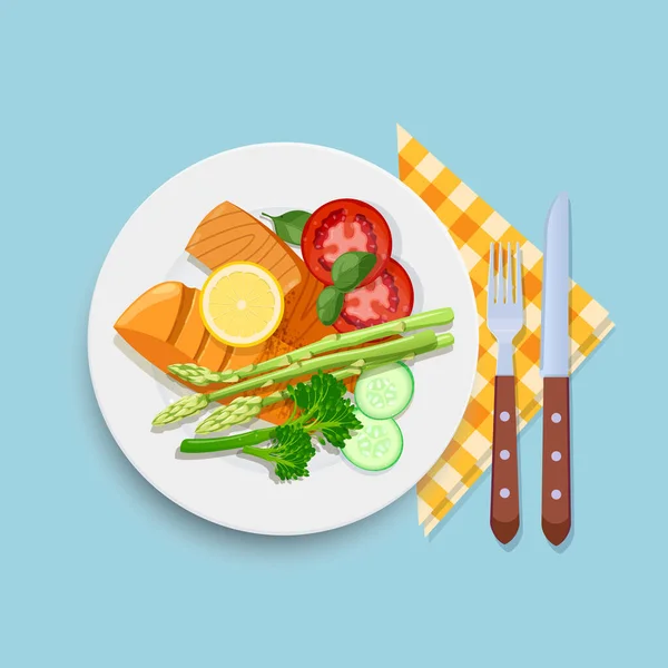 Two Piece Grilled Salmon Steaks Green Asparagus Broccoli Tomatoes Top — Stock Vector