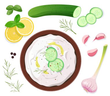 Yoğurtlu Tzatziki sosu, taze salatalık, sarımsak, dereotu ve limon suyu. Vektör illüstrasyonu