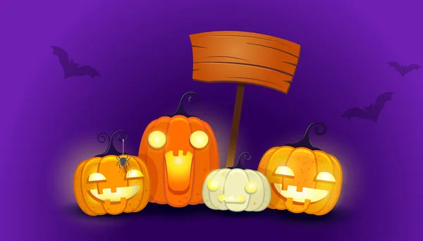 Halloween Achtergrond Met Cartoon Pompoenen Houten Board Pointer Grappige Pompoenen — Stockvector
