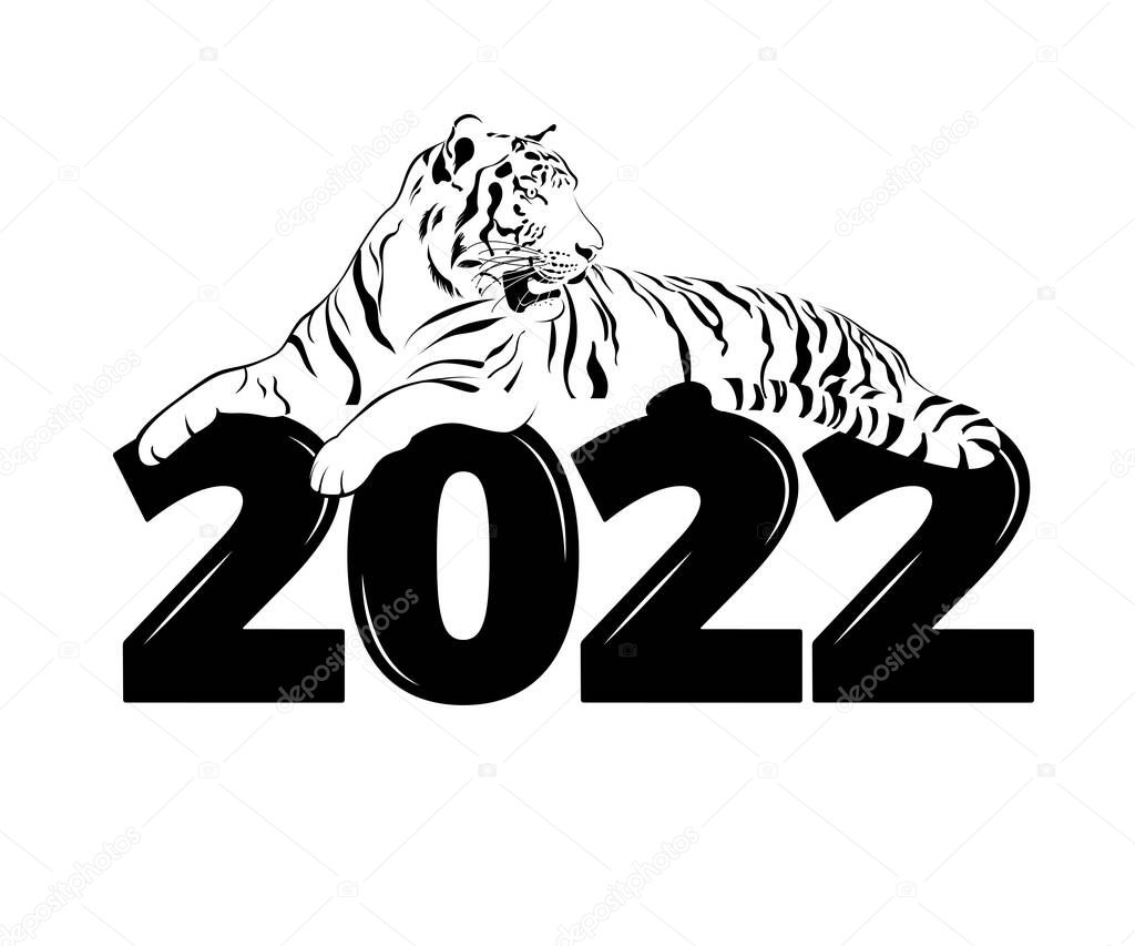 Black and white tiger lies on the numbers 2022. Design for logo, banner or poster for the new year. Vector illustration