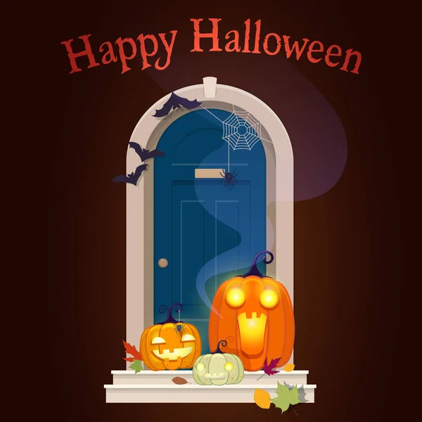 Decorações Porta Halloween Porta Frente Com Abóboras Brilhantes Noite Ilustração — Vetor de Stock