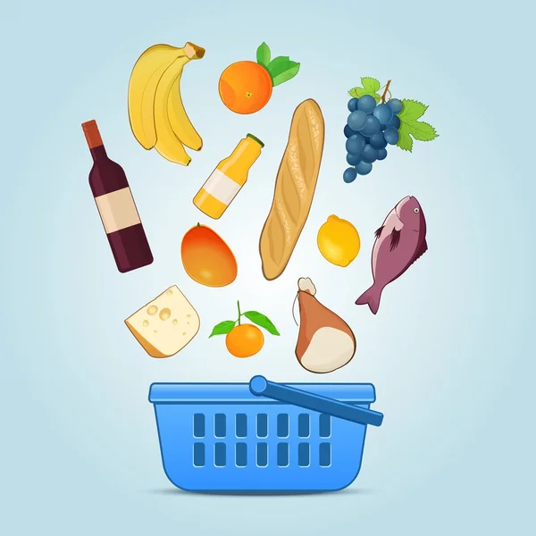 Cesta de compras com alimentos frescos —  Vetores de Stock