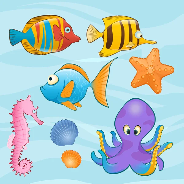 Conjunto de lindos animales marinos sobre fondo azul — Vector de stock