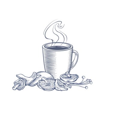 Mantar kahve fincanının oyma tarzında elle çizilmiş vektör çizimi