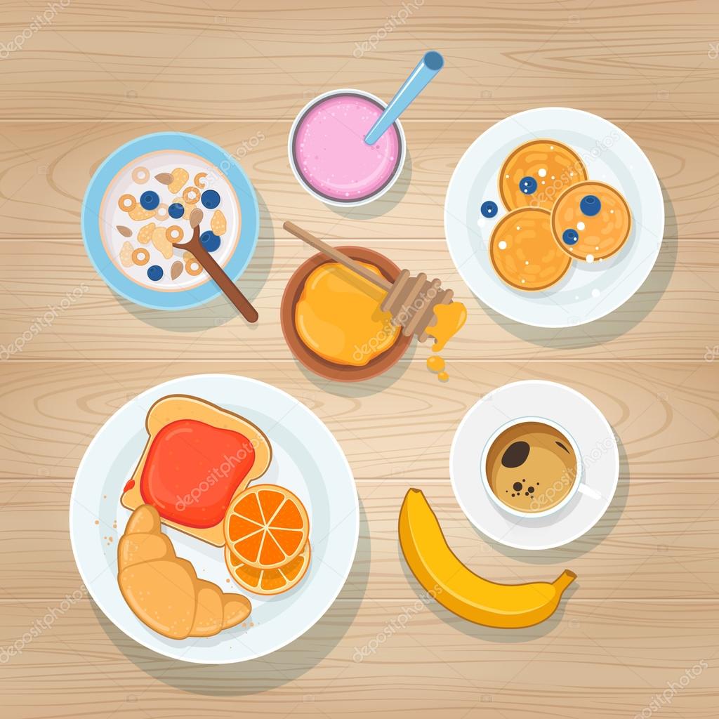 Sweet Breakfast on Wooden Background. Top view