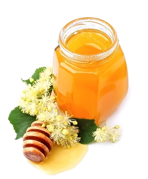 Jar of honey on white closeup — Stock Photo, Image