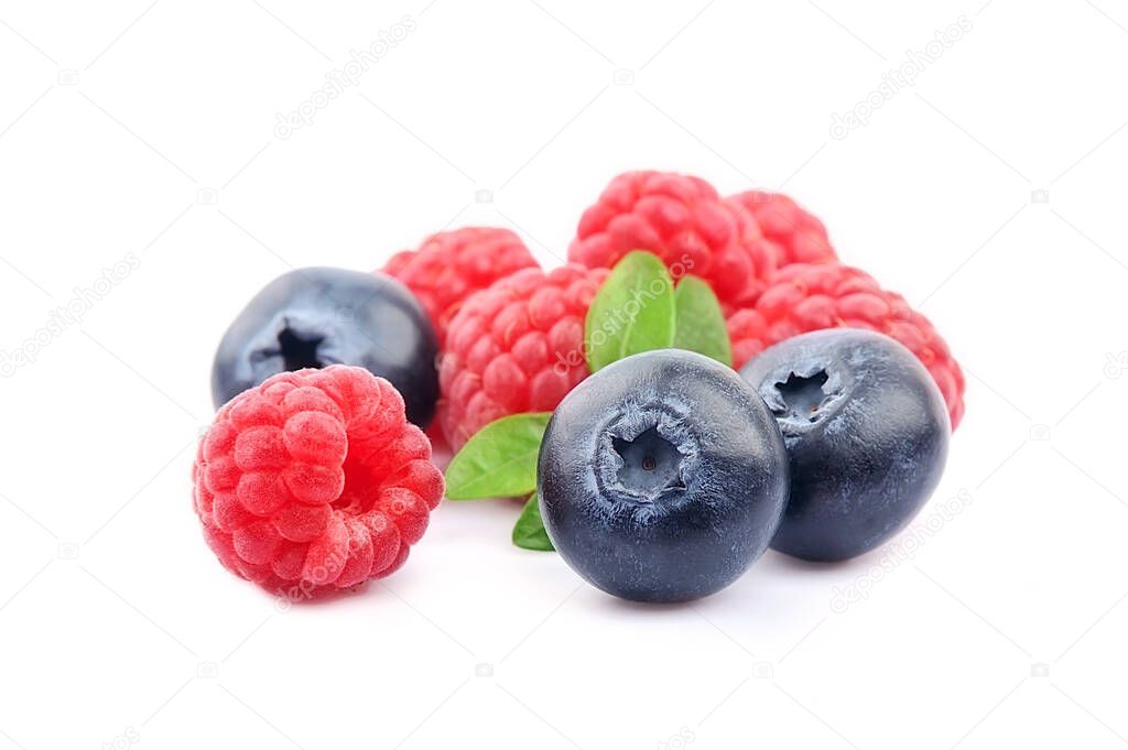 Sweet berry. Rasdpberry and blueberries organic isolated on white backgropunds.