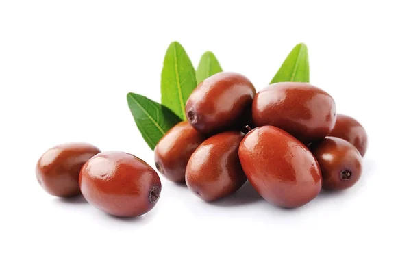 Dates Vruchten Met Bladeren Geïsoleerd Witte Achtergrond Jojoba Vruchten — Stockfoto