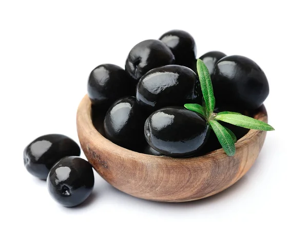 Sweet Black Olives Bwooden Plate Isolated White Backgrounds — Stock Photo, Image