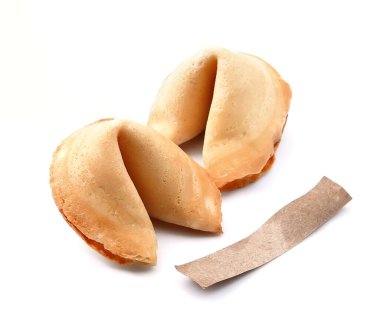 Beyaz arka planda Çin kurabiyeleri. Kelimeleri tahmin etmek için çerezler.