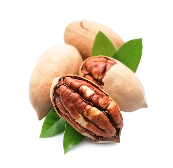 Pekan Ořechy Listy Bílém Pozadí — Stock fotografie