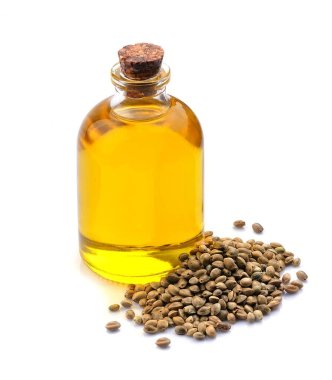 Beyaz arka planda kenevir tohumlu kenevir yağı. Süper yemek. Sağlıklı yağlar.