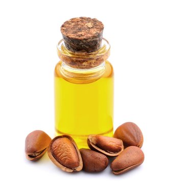 Beyaz arka planda çam fıstığı olan sedir yağı. Sağlıklı besin maddeleri.
