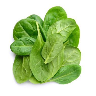 Beyaz arka planda ıspanak yaprakları. Vejetaryen süper yemek malzemesi beyaz arka planda izole edilmiş..