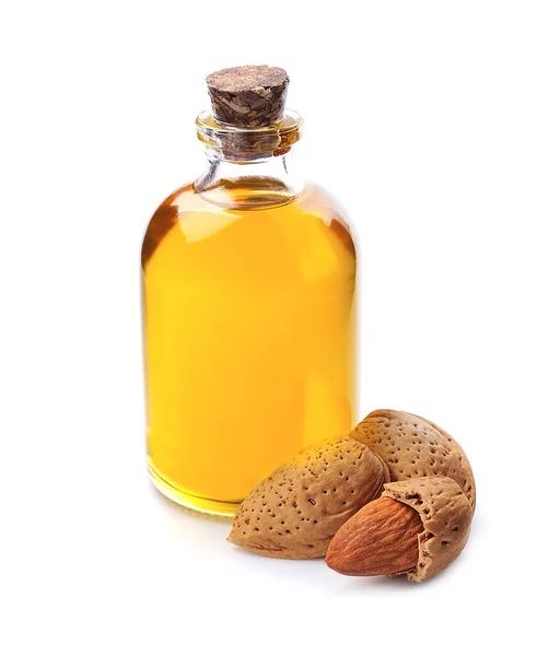 Botella Aceite Almendras Con Nueces Almendras Sobre Fondos Blancos Ingrediente —  Fotos de Stock