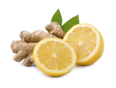 Beyaz arka planda limon meyveli zencefil kökü.