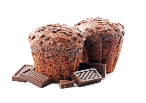 Csokoládé Cupcake Csokoládé Chips Izolált Fehér Hátteren Édes Muffin Közelkép — Stock Fotó