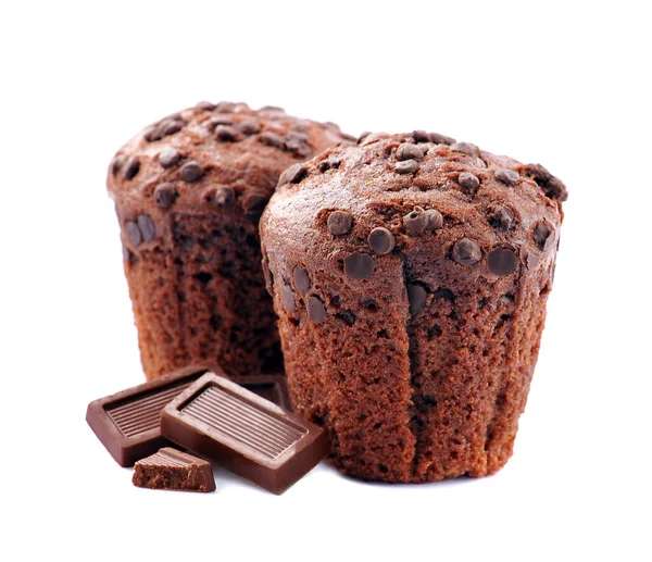 Čokoládový Košíček Čokoládovými Lupínky Izolované Bílém Pozadí Sladký Muffin Detailní — Stock fotografie