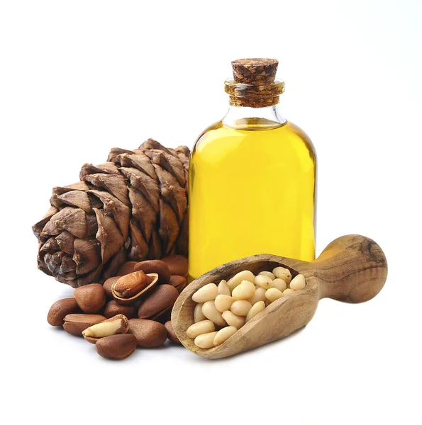 Bottle Cedar Oil Cedar Nuts White Backgrounds Healthy Food Ingredient — Stock Photo, Image