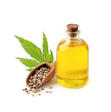 Kenevir tohumlu kenevir yağı beyaz arka planda. Cam şişelerde kenevir yağı.
