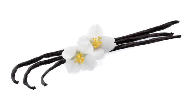 Bâtonnets Vanille Avec Des Fleurs Sur Fond Blanc — Photo