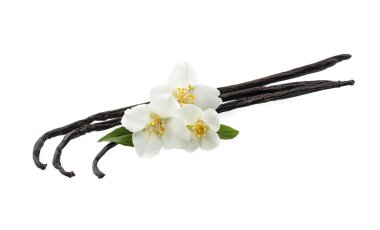 Beyaz arka planda çiçekli vanilya çubukları.