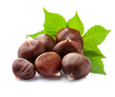 Beyaz arka planda yaprakları olan kestaneler.