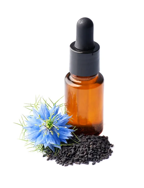 Ätherisches Aus Schwarzkümmel Mit Nigella Sativa Blüten Auf Weißem Hintergrund — Stockfoto