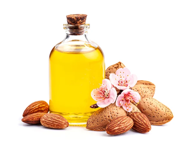 Almonds Oil Blooms Flower Almonds White Backgrounds Essential Oil — Stock Photo, Image